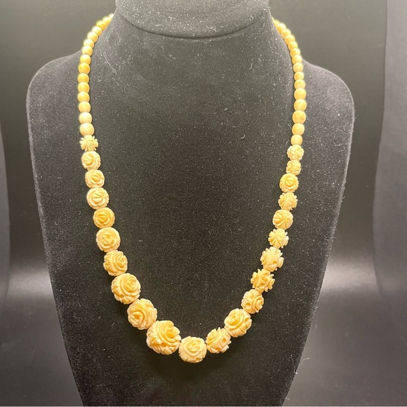 vintage carved bone rose necklace boho floral cream
